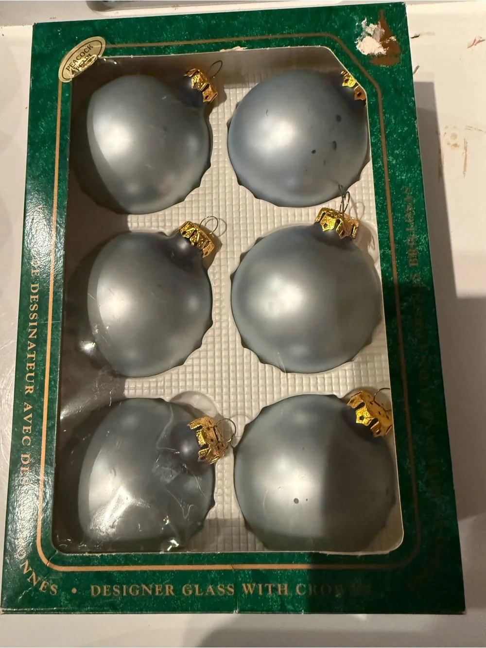 Christmas By Krebs Set Of 6 Designer Glass Kristen Blue & pearl Ornaments